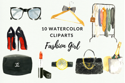 Watercolor Fashion Cliparts, Chanel Clipart, Champagne Glass