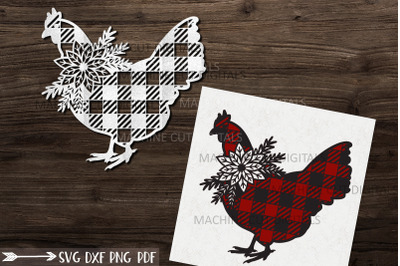 Floral Buffalo Plaid Christmas Chicken svg papercut template