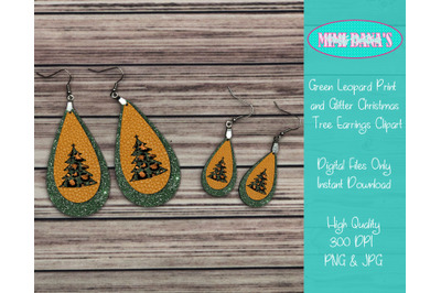 Green Leopard Print and Glitter Christmas Tree Earrings Clipart