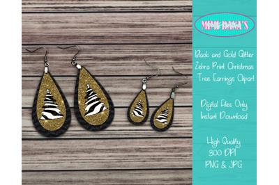 Black &amp; Gold Glitter Zebra Print Christmas Tree Earrings Clipart