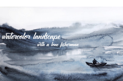 watercolor abstract landscape, lonely fisherman