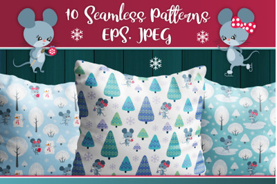 Cute mice. Winter seamless patterns