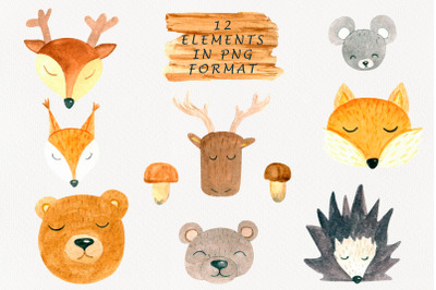 Forest animals watercolor clipart