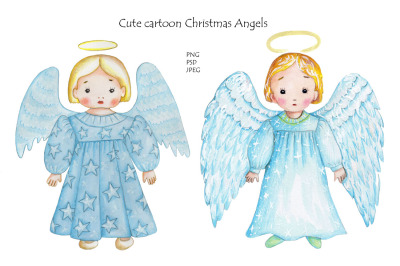 Watercolor cartoon Christmas Angels