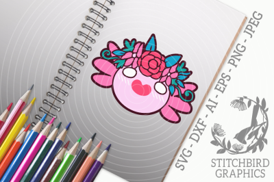 Axolotl Pink Flowers SVG, Silhouette Studio, Cricut, Eps, Dxf, AI, PNG