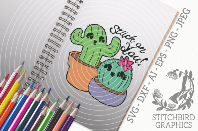 Stuck on you Cactus Coloured SVG, Silhouette Studio, Cricut, Eps, Dxf