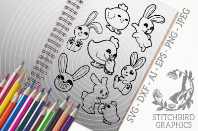 Cute Easter Bunnies and Chicks Bundle SVG, Silhouette Studio
