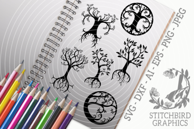 Trees with Roots Bundle SVG, Silhouette Studio, Cricut, Eps