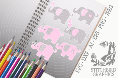 Cute Elephant Bundle - Pink SVG, Silhouette Studio, Cricut