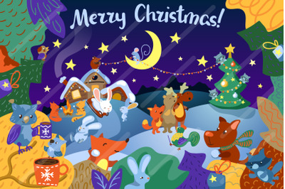 Merry Christmas Woodland Scene, Children Greeting Card in Vector