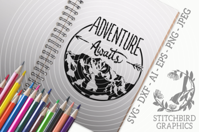 Adventure Awaits Mountain SVG, Silhouette Studio, Cricut, Eps, Dxf, AI