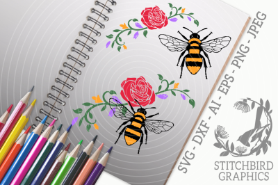 Bee on Flowers SVG, Silhouette Studio, Cricut, Eps, Jpeg, Ai