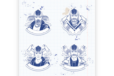 Set of sketch fireman stickers