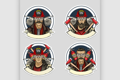 Set of sketch fireman stickers