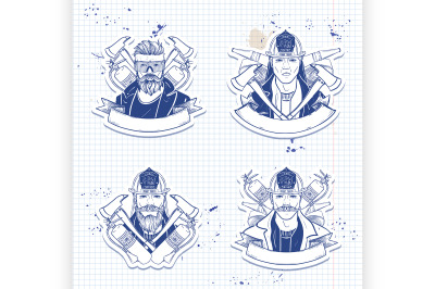 Set of sketch fireman stickers