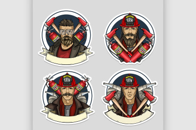 Set of sketch fireman stickers