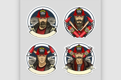 Set of sketch fireman stickers