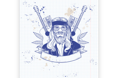 Hand drawn sketch hippie man