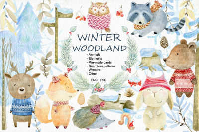 Winter Woodland. Watercolor set.