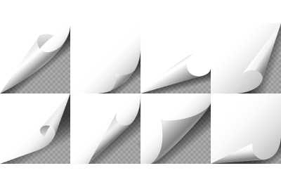 Set of curled White Page Corners on transparent background. Vector ill