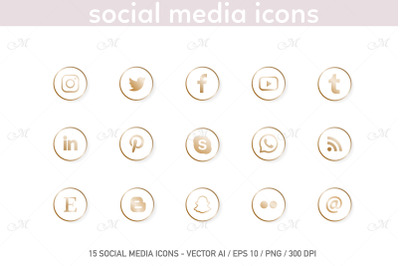 Social Media Icons. White-Gold Set