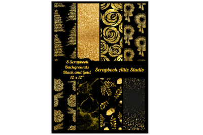 8 Black and Gold Holiday Papers Scrapbook Backgrounds, 12 x12&quot;