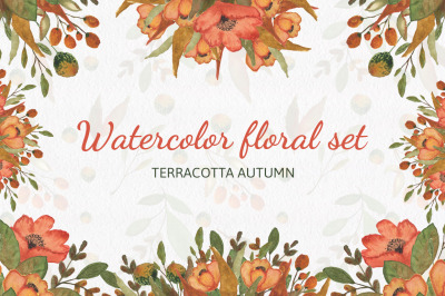 Watercolor floral set. Terracotta autumn.