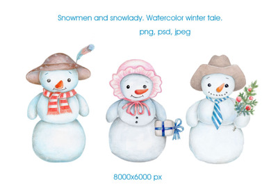 Snowmen and snowlady. Watercolor.