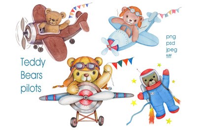 Teddy Bears Pilots. Watercolor and colour pencils art.