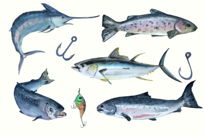 Watercolor Fishing Clip Art Set