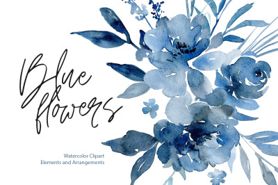 Watercolor Navy Indigo Blue Flowers, Bouquets, Frames