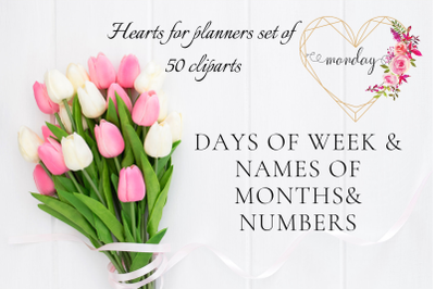 Hand Lettered Watercolor Hearts Date Covers&2C; Names of Month and Weeks