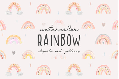 Watercolor Rainbow. Collection Patterns and Cliparts