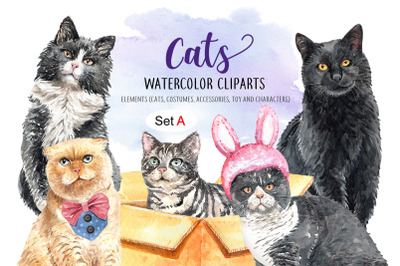 Cat Lover Watercolor Cliparts, Pet watercolor