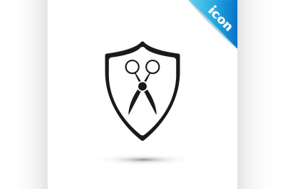 Black Scissors hairdresser and shield icon isolated on white backgroun