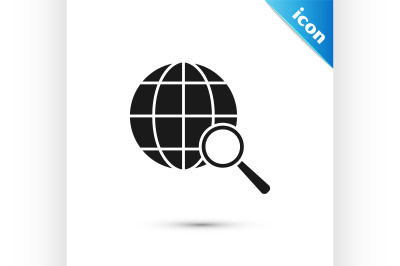 Black Magnifying glass with globe icon isolated on white background. A