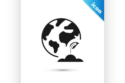 Black Earth globe and plant icon isolated on white background. World o