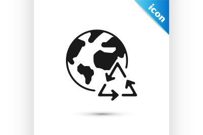 Black Planet earth and a recycling icon isolated on white background.