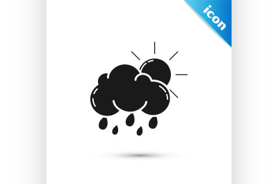 Black Cloud with rain and sun icon isolated on white background. Rain