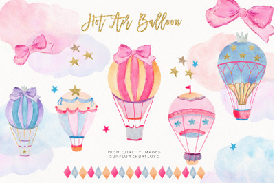 Hot Air Balloons Clipart Set&2C; Balloons Watercolor Clipart&2C;