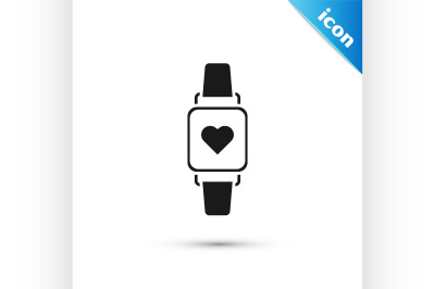 Black Smart watch showing heart beat rate icon isolated on white backg