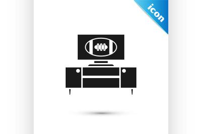 Black American football on tv program and stand icon isolated on white