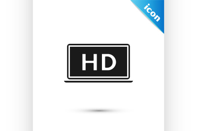 Black Laptop screen with HD video technology icon isolated on white ba