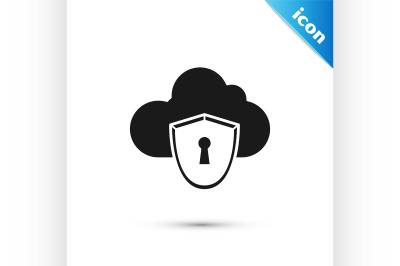 Black Cloud and shield icon isolated on white background. Cloud storag