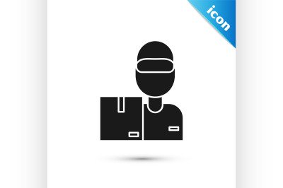 Black Delivery man with cardboard boxes icon isolated on white backgro