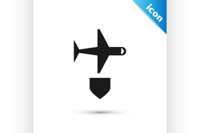 Black Plane with shield icon isolated on white background. Flying airp