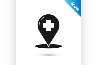 Black Medical map pointer with cross hospital icon isolated on white b