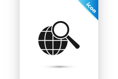 Black Magnifying glass with globe icon isolated on white background. A