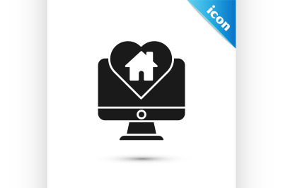 Black Computer monitor with house in heart shape icon isolated on whit