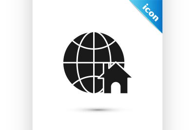 Black Globe with house symbol icon isolated on white background. Real